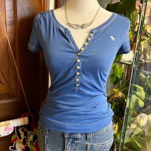 Y2K Abercrombie & Fitch Blue Ribbed Henley Button Up Short Sleeve Top M